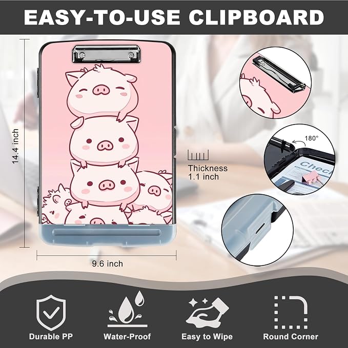 Clipboard with Storage,Storage Clipboard with Pen Holder,Heavy Duty Plastic Storage Clipboard with Low Profile Clip,Teacher Must Haves,Clipboard Folder,Office Supplies,Cute Pink Pigs -1362