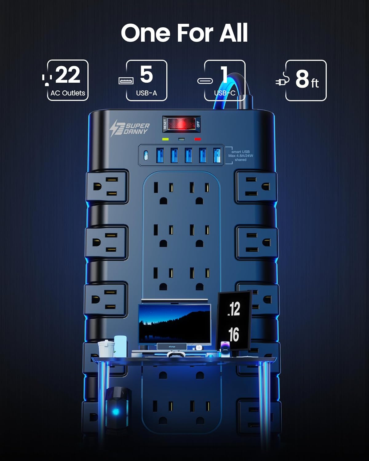 Power Strip Surge Protector, SUPERDANNY 8Ft Long Extension Cord with 6 USB Charging Ports and 22 AC Outlets, 1875W/15A, 2100 Joules, Flat Plug Power Outlet for Home, Office, Dorm, Gaming Room, Black