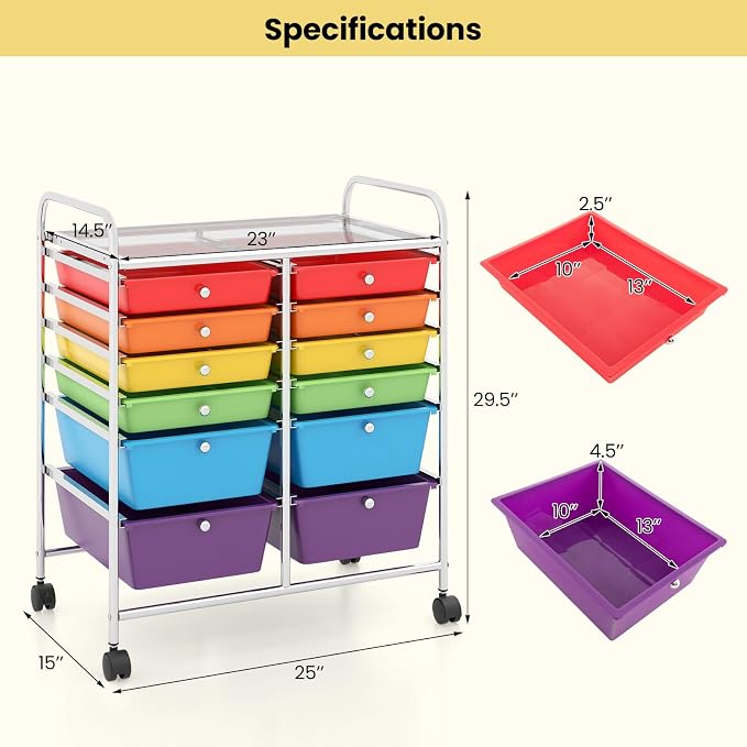 BECOMFORT 12-Drawer Rolling Cart with Drawers, Storage Cart on Wheels, Teacher Classroom Organizers with Metal Frame, Mobile Craft Cart, Trolley Utility Cart for School Office Play Room