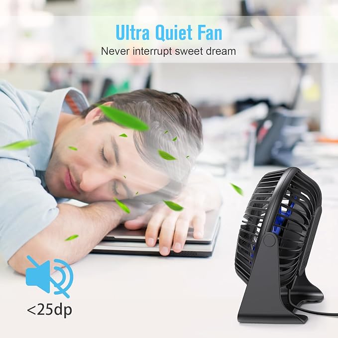 BESKAR USB Small Desk Fan, Portable Table Fans with 3 Speeds Strong Airflow | Quiet Operation and 360°Rotate, Personal Cooling Fan for Home, Office, Bedroom, 3.9 ft Cord