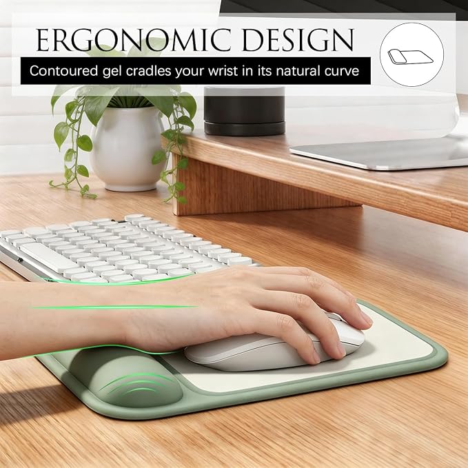 JIKIOU Ergonomic Mouse Pad with Gel Wrist Rest, 10 x 7.25 in, Green | 40% Larger Rectangular Design-No More Hitting Edges Mid-glide, Savior of Pain Relief, Smooth Lycra Surface, Non-Slip PU Base