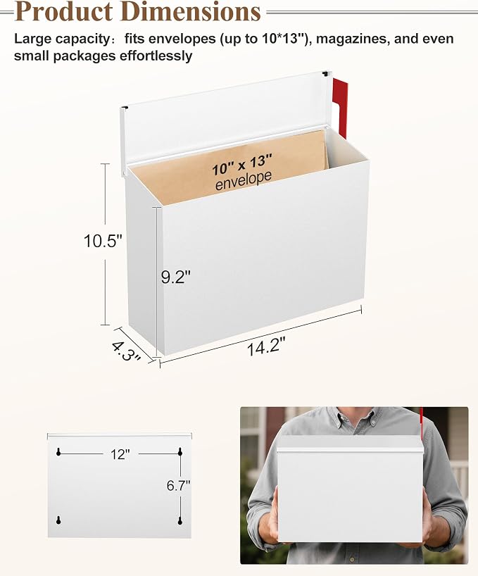 Wall-Mount Mailbox for Outside, Large Capacity Rust-Proof Mail Box with Stay-Open Lid & Red Flag Kit, Galvanized Steel Weather-Resistant Post Box for House Outside, 10.5"x4.3"x14.2", White