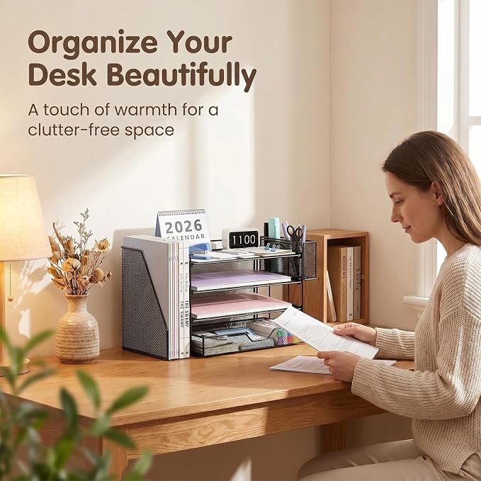 Desk Organizers and Accessories, 4-Tier Desktop File Organizer with Drawer and Pen Holders, Office Desk Accessories Workspace Organizers for Office Supplies (Soft Black)