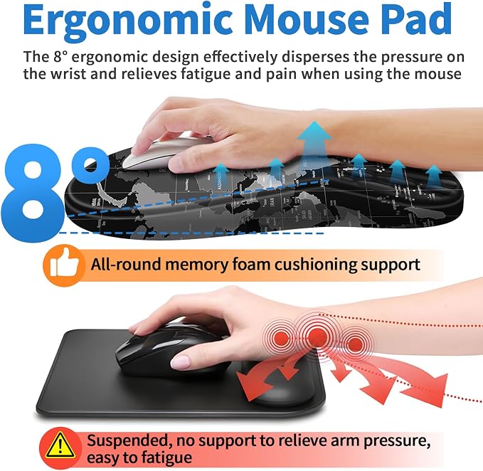 YIWEI Ergonomic Mouse Pad with Wrist Rest for Carpal Tunnel Pain Relief | Memory Foam Wrist Support,Non-Slip Rubber Base, Keyboard Computer Mousepad,Lycra Cloth Surface,Gaming Home Office