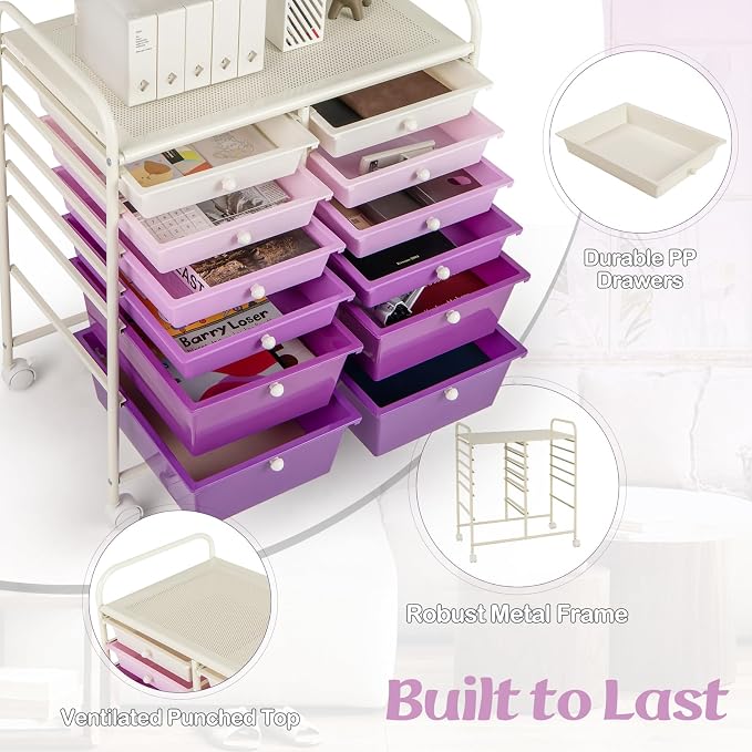 COSTWAY 12-Drawer Rolling Storage Cart, Moveable Art Craft Organizer | Lockable Wheels, Metal Shelf, Files Arrangement Tools Makeup Storage Cart for Office, Home, School (Purple Gradient)