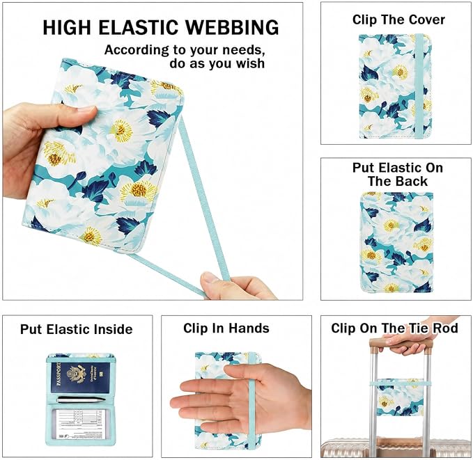 RFID Blocking Passport Holder for Travel – PU Leather Waterproof Lightweight Passport Cover Wallet for Women Men, Travel Organizer with Card Slots for Airline Tickets & Passport Book, Flower A