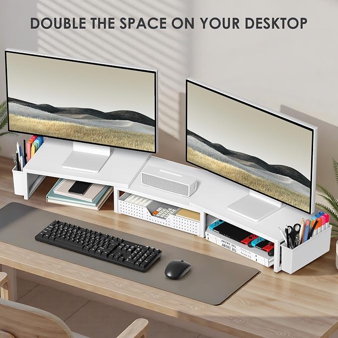 Desk Organizers and Accessories, Dual Monitor Stand Riser with Drawer and 2 Pen Holders, Desk Shelf Computer Racks for Office Workspace Organizers, Desktop Organization (White)