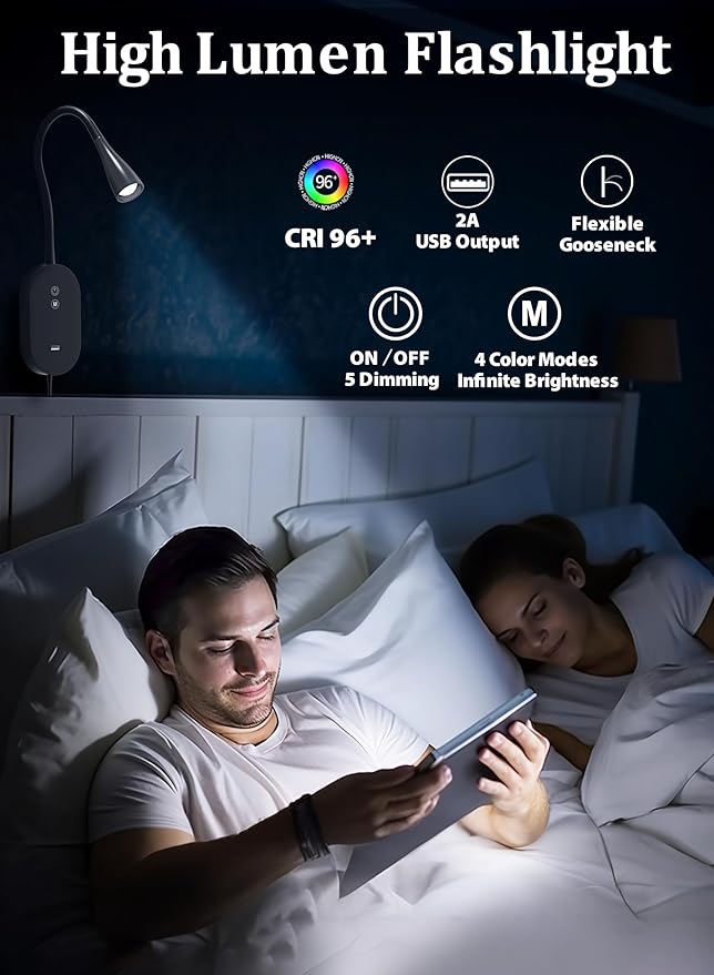 Wall Mounted Reading Light 2Pes– 4 Color Modes, 5‑Level Dimmable Reading Lamp, CRI 95+ Natural Sunlight, USB Output Charge & Auto Memory Black