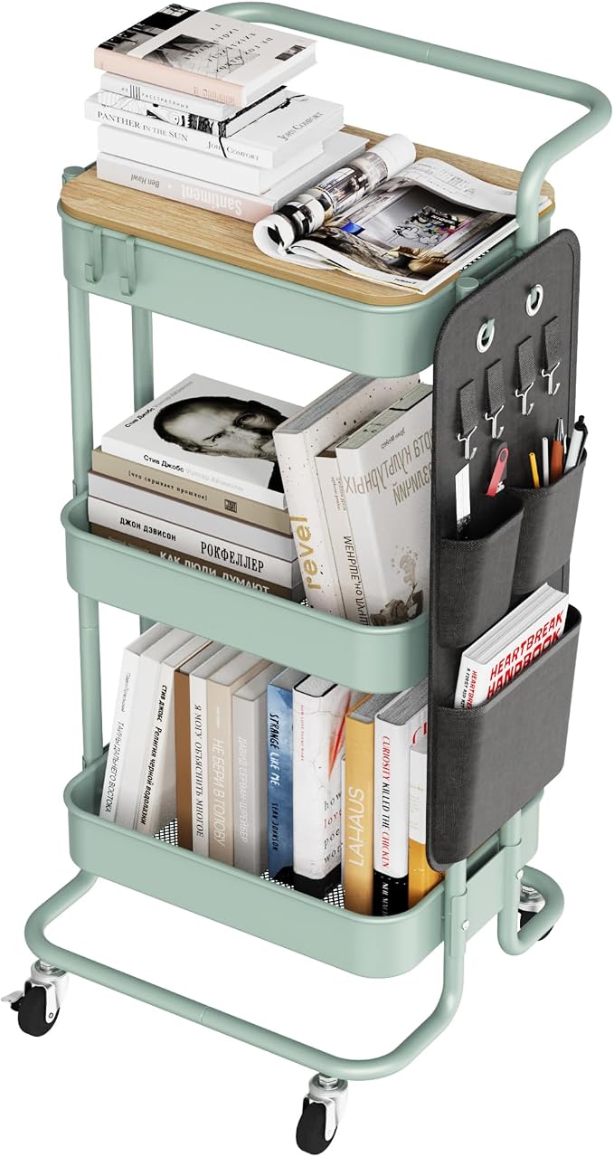 DTK 3-Tier Rolling Cart with Table Top, Metal Utility Cart with Side Bags | Tray Storage Organizer, Lockable Wheels, 4 Hooks, Art Cart for Kitchen, Bathroom, Office, Craft room, Living room, Green