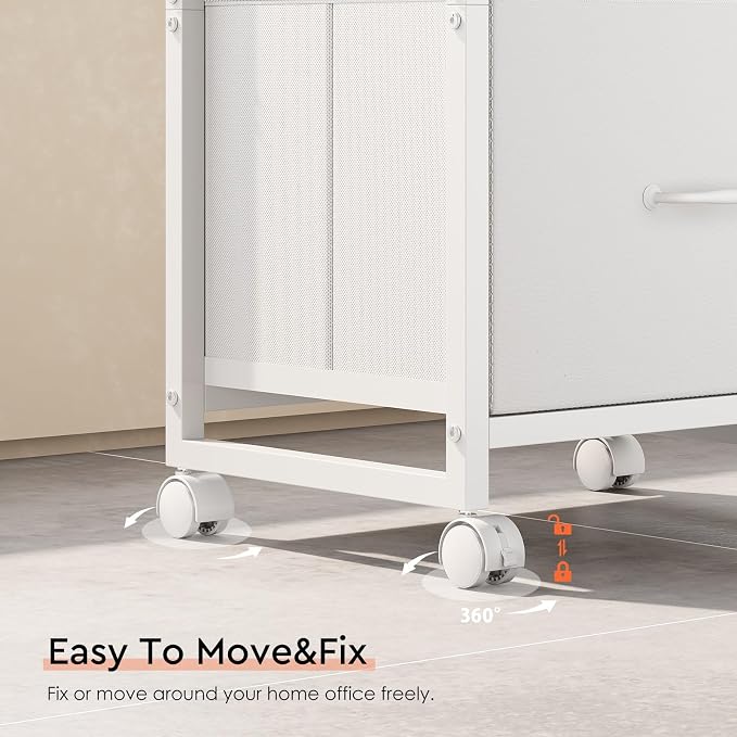 3 Drawer File Cabinet with Wheels with Open Storage Shelf, White | Rolling Printer Stand Fabric Lateral Filing Cabinet for Home Office