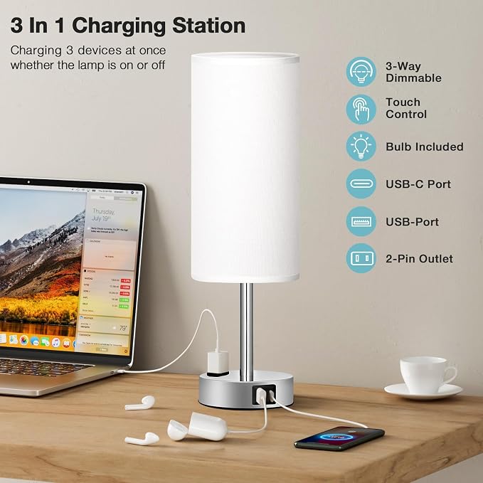 White Touch Bedroom Table Lamp - 3 Way Dimmable Bedside Lamp USB C A Charging Ports and AC Outlet, Small Lamp Nightstand with Silver Base for Living Room, Office Desk, LED Bulb Included
