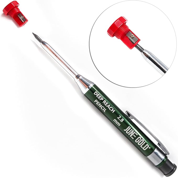 June Gold 2.8 mm Deep Reach Metal Carpenter Pencil, 36 Refills, 6 Colors | 40 mm reach, 6 mm width, Built-in Sharpener, Construction, Shop, Glass, Machine, Indoor, and Outdoor
