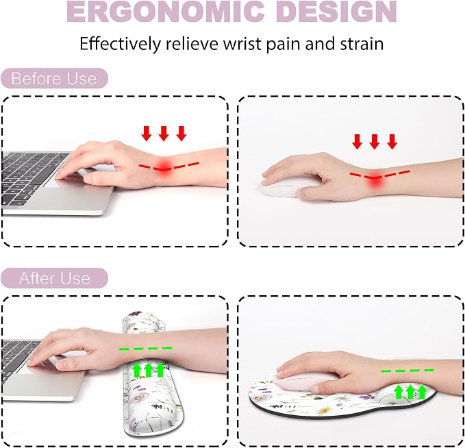Ergonomic Mouse Pad with Wrist Rest and Keyboard Wrist Rest, Mousepad | Memory Foam Wrist Rest for Computer Keyboard, Pain Relief, Non-Slip Base, Mouse Pad Wrist Support for Gaming, Flowers Plants