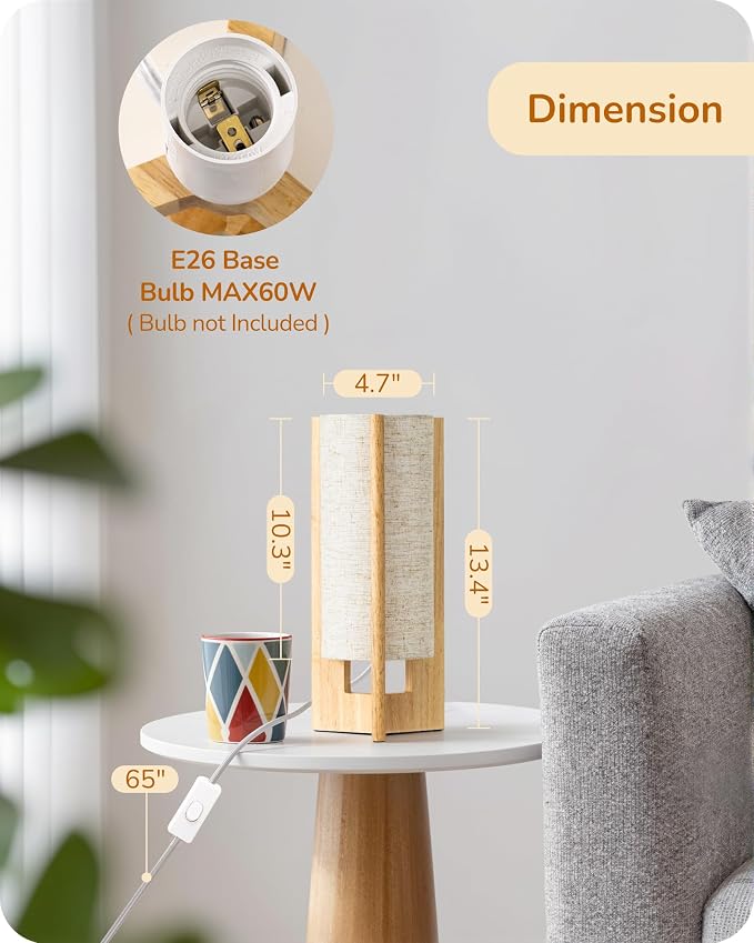 EDISHINE Small Cute Table Lamp, Natural Wood Nightstand Lamp, 13.5", E26 | Cylinder, Beige Linen Shade, On-Off Line Switch, Three-Sided Base, Corner Modern Bedside Lamp for Living Room, Bedroom