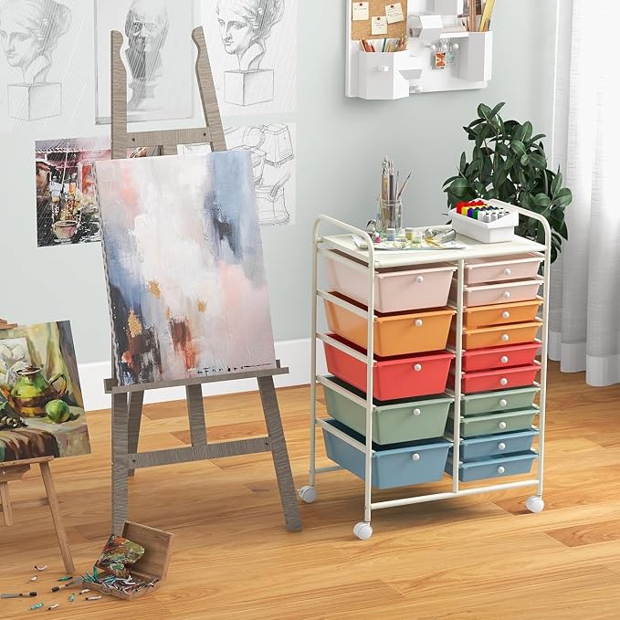 15 Drawer Rolling Storage Cart, Rolling Cart with Drawers for Classroom, Art Supply Craft Organizer on Wheel with Metal Frame & Handles for Home Office School