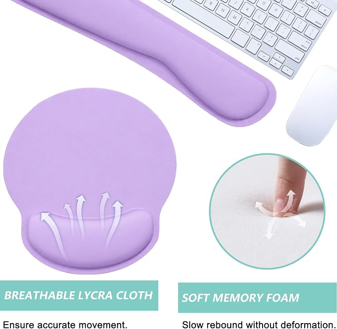 Keyboard Wrist Rest Pad Mouse Pad with Wrist Support Set of 3, Mousepad with Non-Slip Rubber Base, Ergonomic Memory Foam Mouse Wrist Cushion Support for Home Office Laptop Computer Gaming, Purple