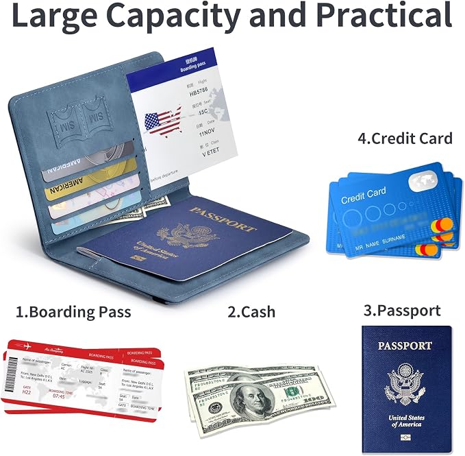 Passport Holder, Passport Cover with Credit Card Slot and Boarding Pass Slot Combo, Passport Wallet Case Book Travel Must Have, RFID Blocking Leather Travel Accessories, Marine Blue