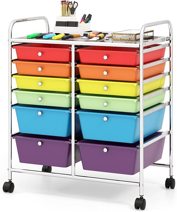 BECOMFORT 12-Drawer Rolling Cart with Drawers, Storage Cart on Wheels, Teacher Classroom Organizers with Metal Frame, Mobile Craft Cart, Trolley Utility Cart for School Office Play Room