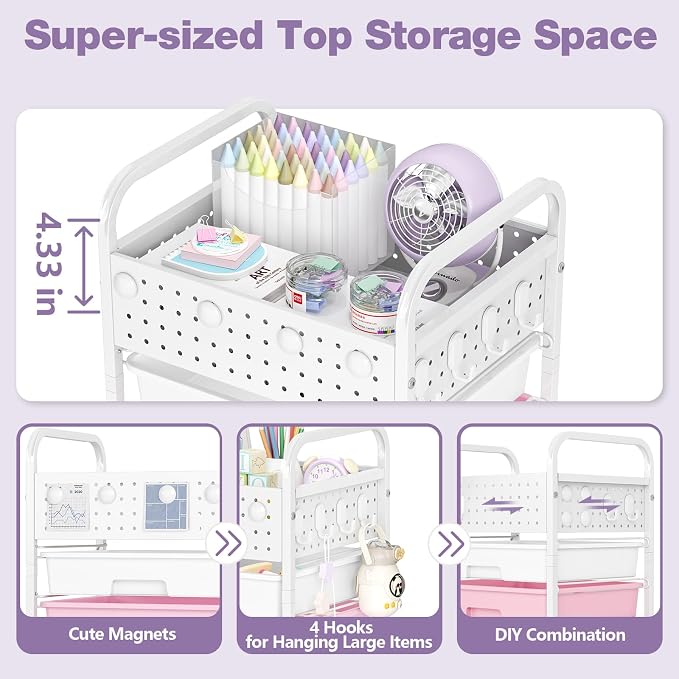 5 Drawer Rolling Storage Cart with Pegboard Top and Hooks, Dreamy Color | Mobile Organizer Cart with Wheels for Office Supplies, Craft Storage, Classroom Organization, Home Utility Cart