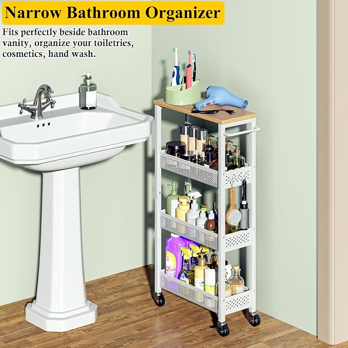 OKZEST Slim Laundry Room Organization Cart with Upgraded Metal Hub Casters | Fits between washer & dryer, 4-Tier space-saving narrow rolling cart, Premium wood top & metal mesh shelf, with handle & hook