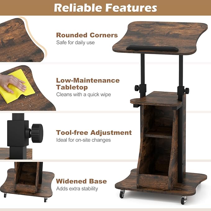 Tangkula Mobile Lectern Podium, Height Adjustable Podium Stand, Sit-to-Stand Desk with Tilting Tabletop & Storage Shelves, Rolling Laptop Cart Desk with Lockable Casters for Home Office School