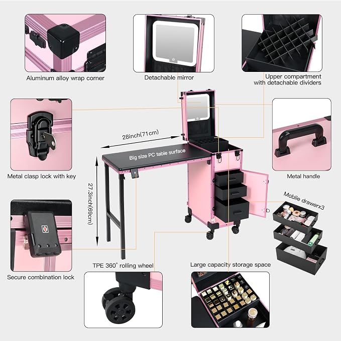 Rolling Portable Manicure Table with 3 Drawers, Lockable Makeup Train Case with Detachable Mirror, Foldable Nail Desk with Wheels & Handle, Mesa de Uñas Profesional para Nail Techs & Salon Use, Pink