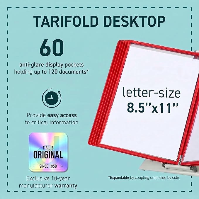 Tarifold Desktop Reference Display System, 60 Pockets, Red | 60 double-sided PVC pockets, holds 120 letter-size sheets, sturdy metal base, quick-find indexing, quick and easy to assemble