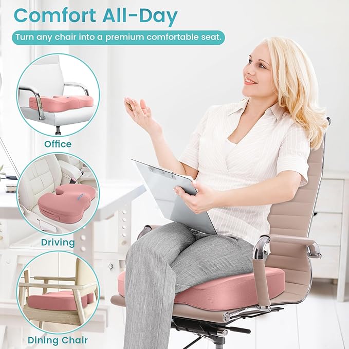 Office Chair Seat Cushion, Cooling Gel Enhanced Memory Foam Cushion for Long Sitting - Back, Sciatica, Coccyx, Tailbone Pain Relief Pillow - for Office, Gaming, Car, Wheelchair - Pink, Large