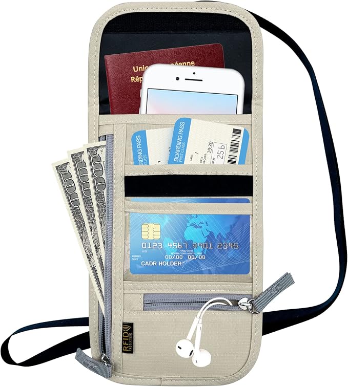 Travel Neck Wallet, RFID Blocking Passport Holder with Adjustable Neck Strap for Men and Women to Keep Cash, Credit Cards and Travel Documents Safe - Beige