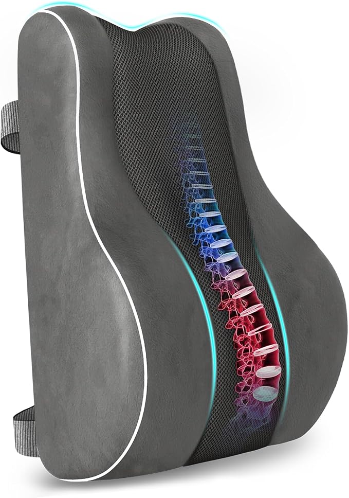 CloudBliss XL Lumbar Support Pillow, Memory Foam for Office Chair, Gray | Ergonomic High-Density Memory Foam, Adjustable Straps, Washable Mesh Cover, Lower Back Support for Office, Gaming & Car Seat