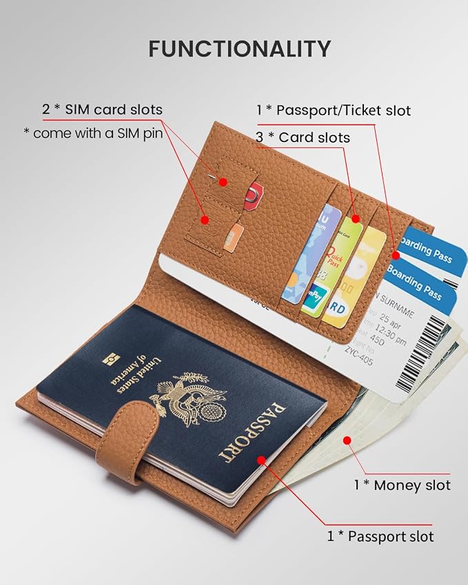 Karmiir RFID Passport Holder Travel Wallet Compact for Women, Leather Passport Wallet with Card Holders,Zippered Coins Pocket and Cash Compartment, Brown