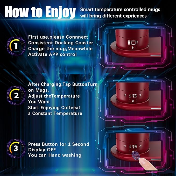 Smart Self Heating Coffee Mug 18 Oz Temperature Control Heated Coffee Mug App Controlled Warmer Mug 5-10 Hour LED Display Keep Coffee Hot All Day Fast Wireless Charger Base Rogue red