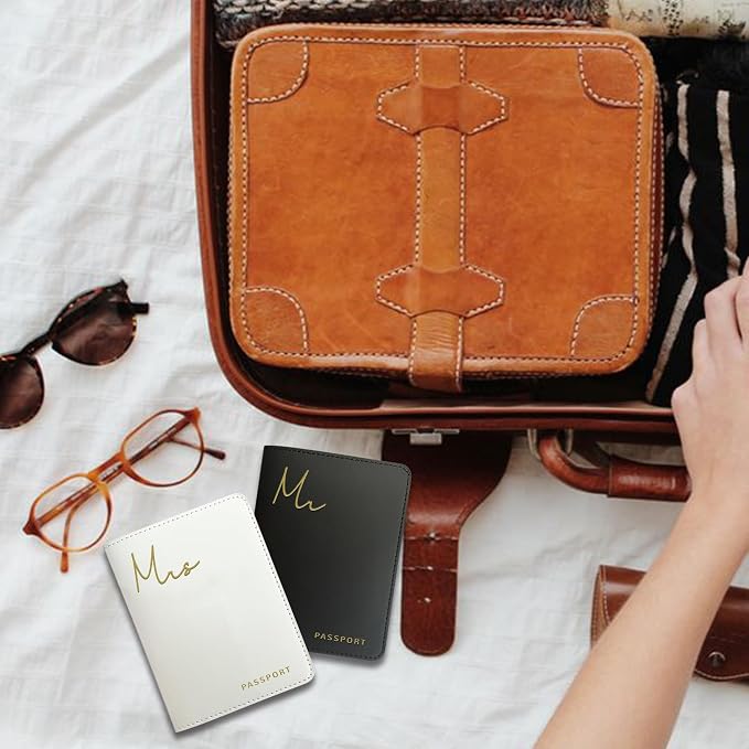 Mr&Mrs Gifts Matching Passport Holders for Mr and Mrs, Gold Foil Logo, Dual PU Leather with Card Pockets, Honeymoon Travel Essentials Gift for Newlyweds(MM Black White)