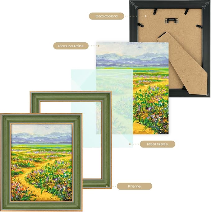 Golden State Art, 8x10 Green With Gold Trim Color Picture Frame - Easel Stand, Sawtooth Hanger - Real Glass, Landscape, Portrait Display - Great for Postcards, Photographs