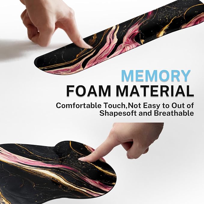 Ergonomic Mouse Pad Set with Wrist Rest, Marble Black | Pink Gold Non-Slip Rubber Base Wrist Cushion Support and Coasters Mousepad with Wrist Support for Computer Keyboard