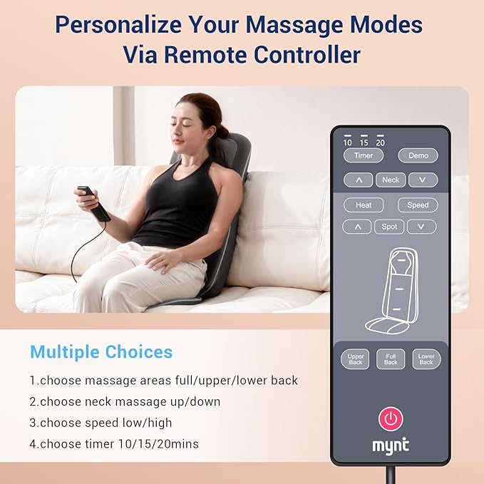 Mynt Shiatsu Neck and Back Massager with Heat, 3D Kneading Full Back Massager for Pain Relief Deep Tissue, Foldable Adjustable Chair Massager for Home Office, Christmas Gift for Dad Mom, Black