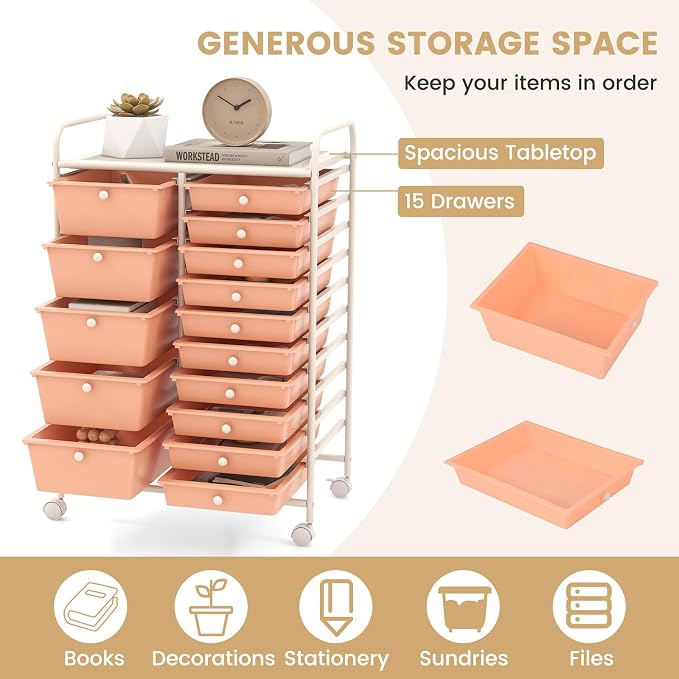 15 Drawer Rolling Storage Cart, Rolling Cart with Drawers for Classroom, Art Supply Craft Organizer on Wheel with Metal Frame & Handles for Home Office School