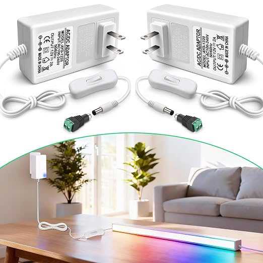 2 Pack 12V 2A Power Supply, 24W 12 Volt DC Power Adapter with On/Off Switch, 110V AC to 12V Wall Plug Transformer for LED Strip Lights with 5.5/2.1mm DC Female Connector