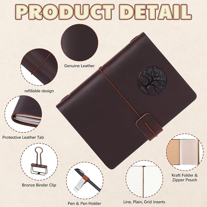 Thenshop Travel Tree of Life Notebook Passport Size Refillable Travelers Journal Leather Diary Book for Men and Women with 3 Notebook Inserts, Pen Holder, Binder Clip, Brown