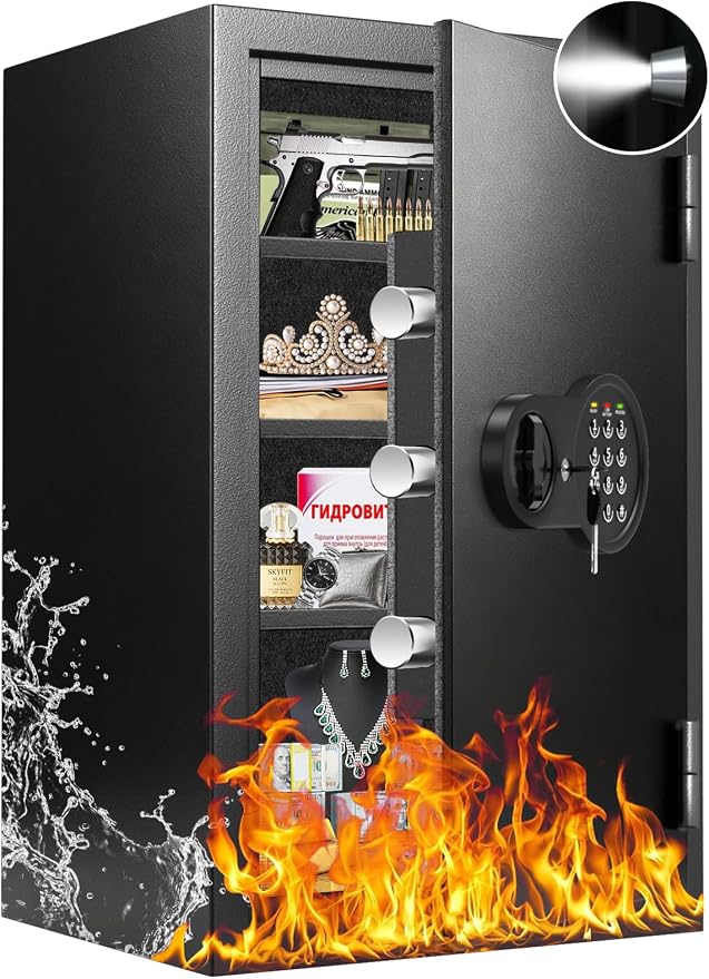 35Min Real Fireproof Safe Box, 23.4'' Tall Home Safes Water and Fireproof with Keys & Pass Code, 3-Removable Shelf and Smart Alert, Fire Proof Safe for Home Document Jewelry Valuables