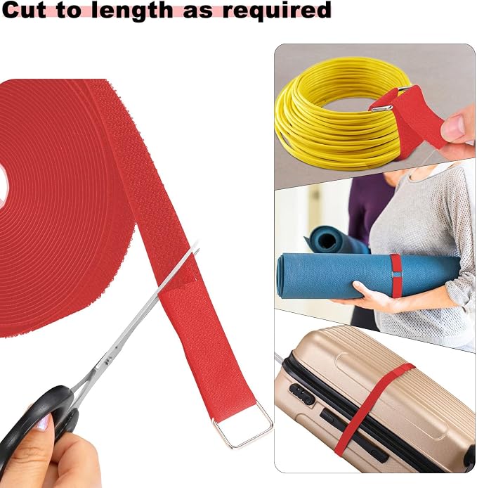YMCRLUX 1"x16ft Hook and Loop Straps with 25 Metal Buckles, Adjustable Fastening Cable Straps, Cut-to-Length Cinch Strap, Reusable Nylon Securing Cord Ties for Organizer or Storage, 1 inch Wide,Red