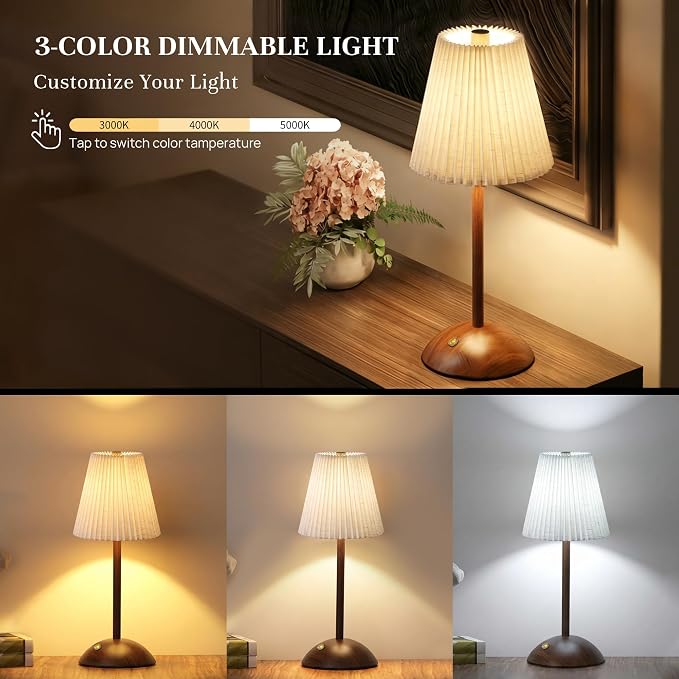 Small Vintage Cordless Table Lamp, 5000mAh Battery Operated, 3 Color Stepless Dimming Up, Bedside Vintage Flower Desk Lamp for Bedroom Living Room, Dorm, Home, Office Decor (Beige)