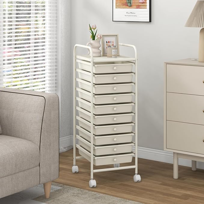 COSTWAY 10-Drawer Rolling Storage Cart, Utility Mobile Trolley | Removable Drawers & Universal Casters & 2 Brakes, Versatile Flexible Drawer Organizer Cart for Home, Office (White)