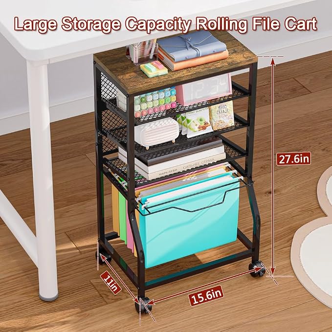 INGIORDAR 5 Tier Rolling File Cart Sliding Hanging Folder Storage Wheels | Under Desk Storage Organizer On Lockable Wheels Mesh Sliding Trays Multifunctional Clutter Cart for Office School Home