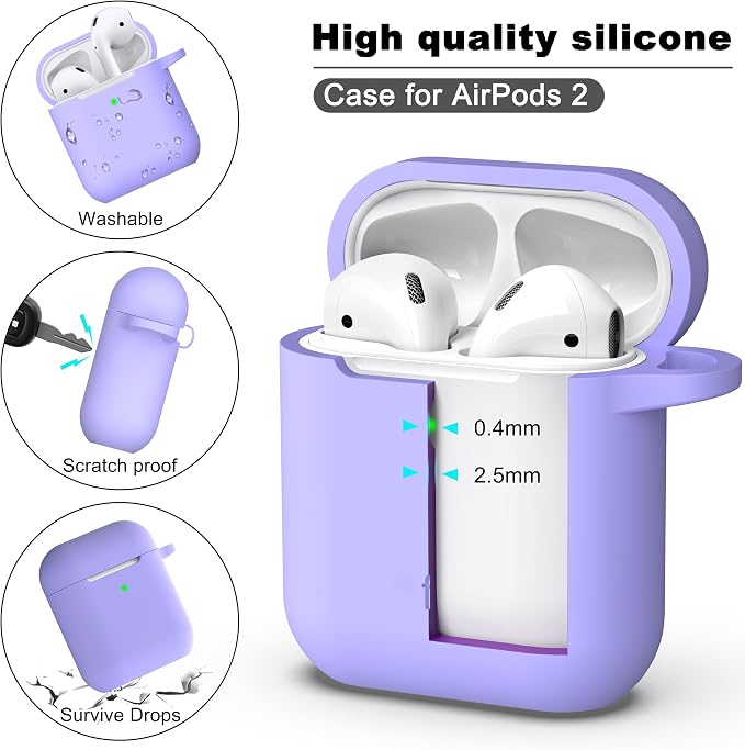 R-fun for AirPods 1/2 Case, Soft Silicone Protective Cover with Keychain and Cleaning Pen, Compatible with AirPods 2nd/1st Generation (2016/2019), Full Drop Protection Cover, Lilac