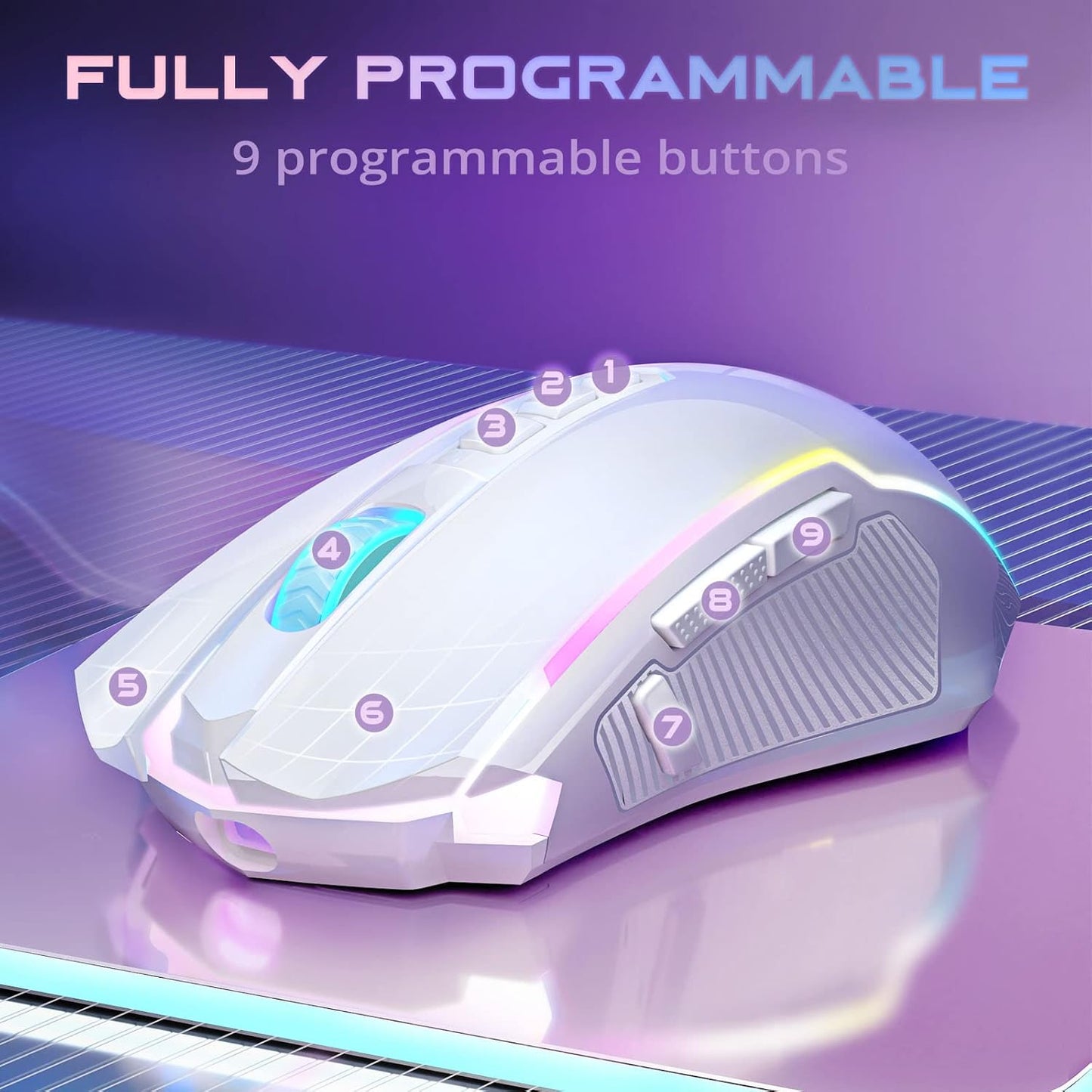 Redragon Wireless Gaming Mouse with RGB Backlit, 8000 DPI, with Fire Button, Macro Editing Programmable,70Hrs for Windows/Mac, Rechargeable, White, M910-WS