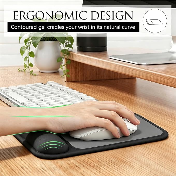 JIKIOU Ergonomic Mouse Pad with Gel Wrist Rest, 10 x 7.25 in, Black | 40% Larger Rectangular Design-No More Hitting Edges Mid-glide, Savior of Pain Relief, Smooth Lycra Surface, Non-Slip PU Base