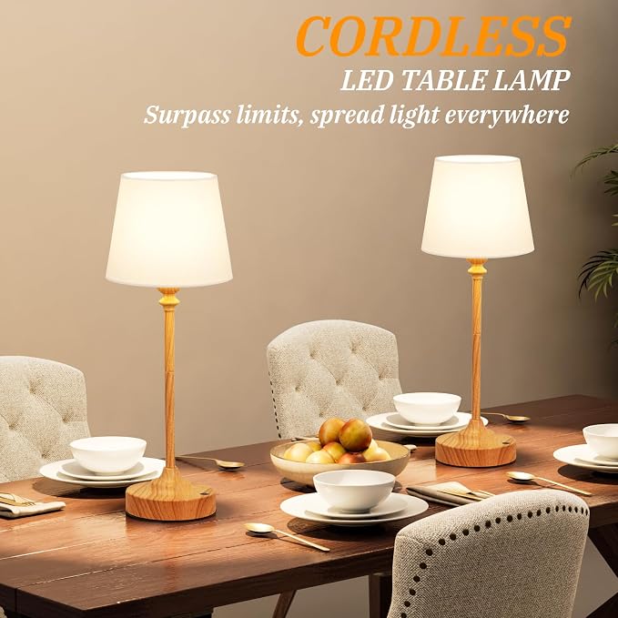 Kakanuo Cordless Table Lamps Rechargeable Set - 2 Pack Wooden 4000mAH Battery Operated Lamps for Decor, 3000K Stepless Dimming Touch Control Wireless Lamps for Bedroom, Dining Table