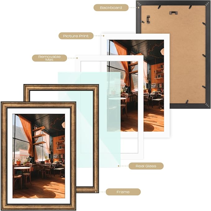 Golden State Art, 13x19 Photo Frame with Mat for Pictures 11x17 and Real Glass (Dark Gold Brown & Bronze Pewter Panel with White Color Mat, 1.25 Inch Frame Border)