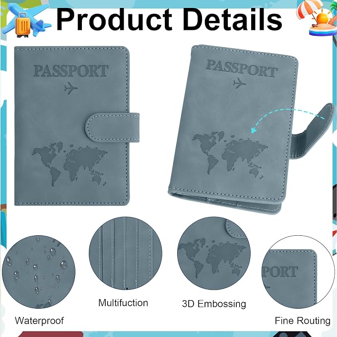 Passport Holder for Travel Essentials, Light Blue Leather Passport Cover, Passport Wallet Holders for Women Men Family Travel Gifts Must Have Accessories, Credit Card Cash Air Ticket Storage Supplies